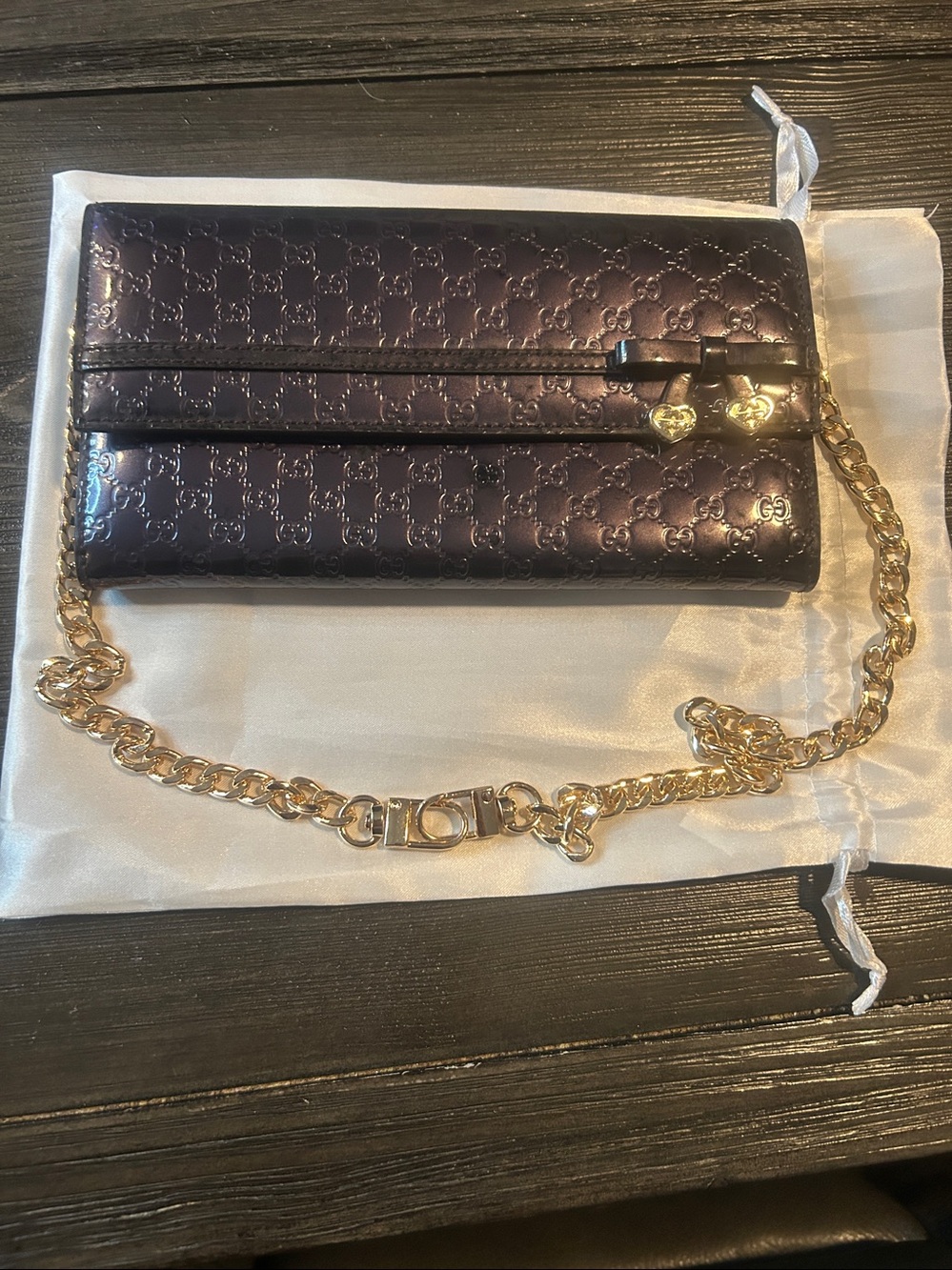 Gucci Glossy Purple Micro GG Guccissima Heart Charm wallet with chain & COA New